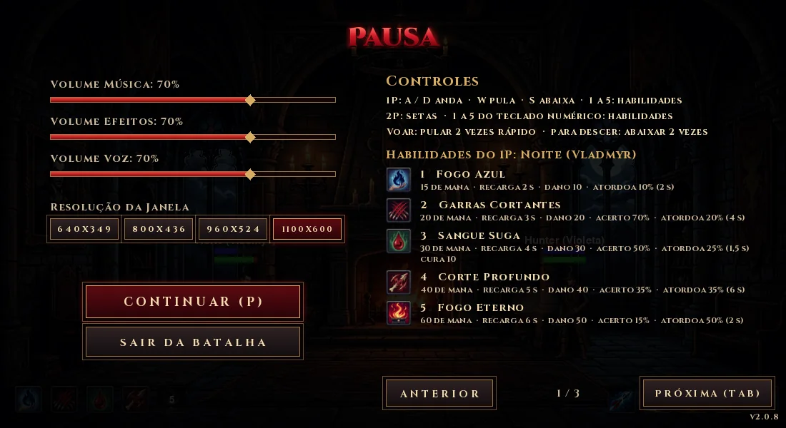 A pausa com os controles e as habilidades
